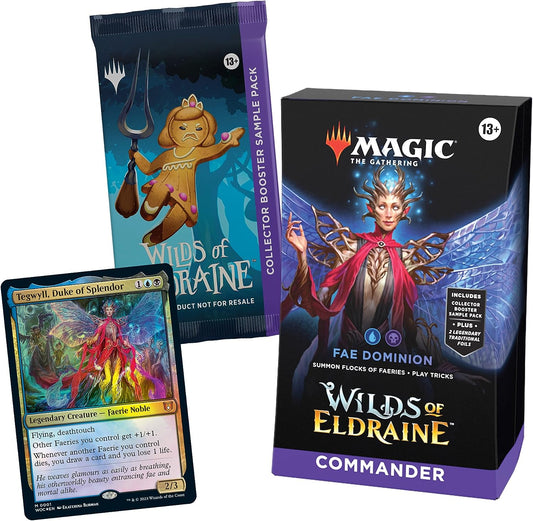 Magic The Gathering Wilds of Eldraine Commander Deck - Fae Dominion (100-Card Deck, 2-Card Collector Booster Sample Pack + Accessories)